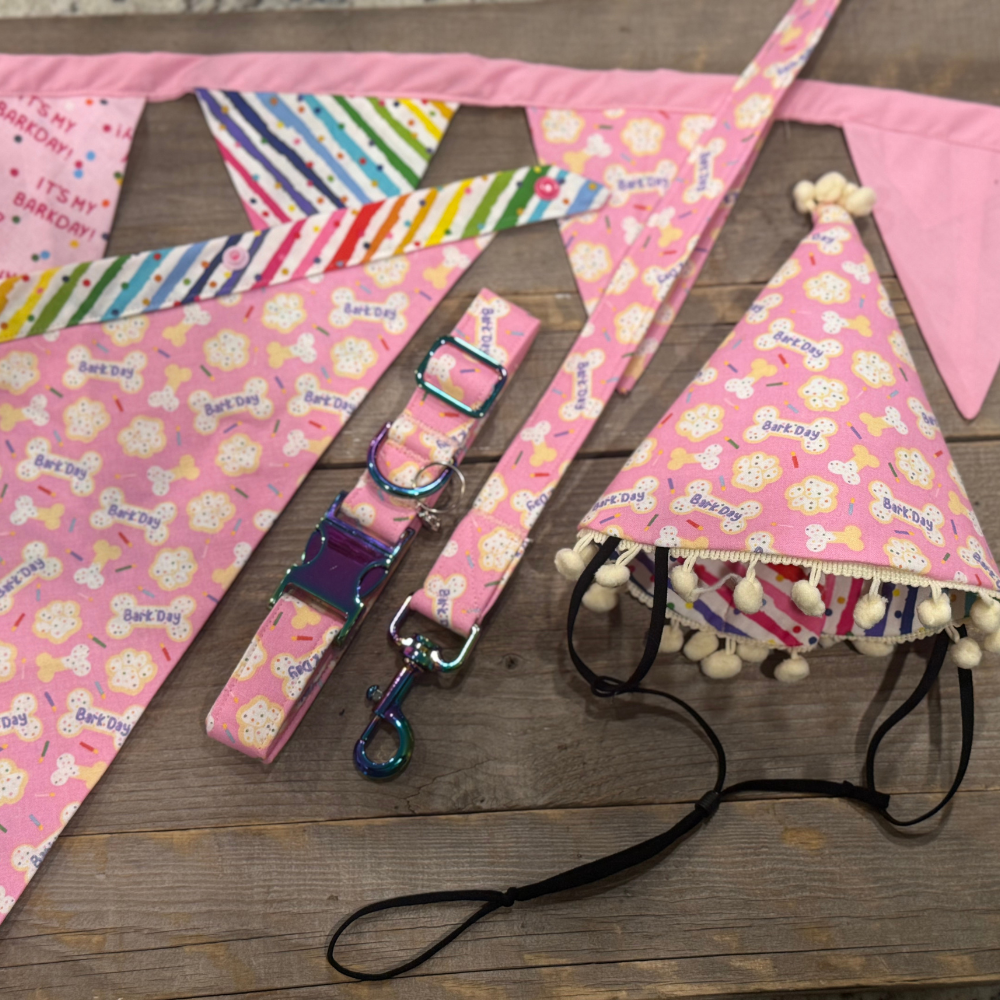 Pink Birthday Celebration Set - Collar, Leash, Bandanna, Hat, Decorative Pennant Banner