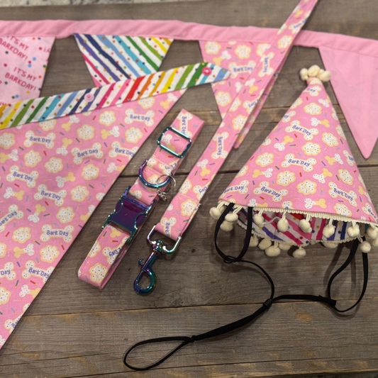 Pink Birthday Celebration Set - Collar, Leash, Bandanna, Hat, Decorative Pennant Banner
