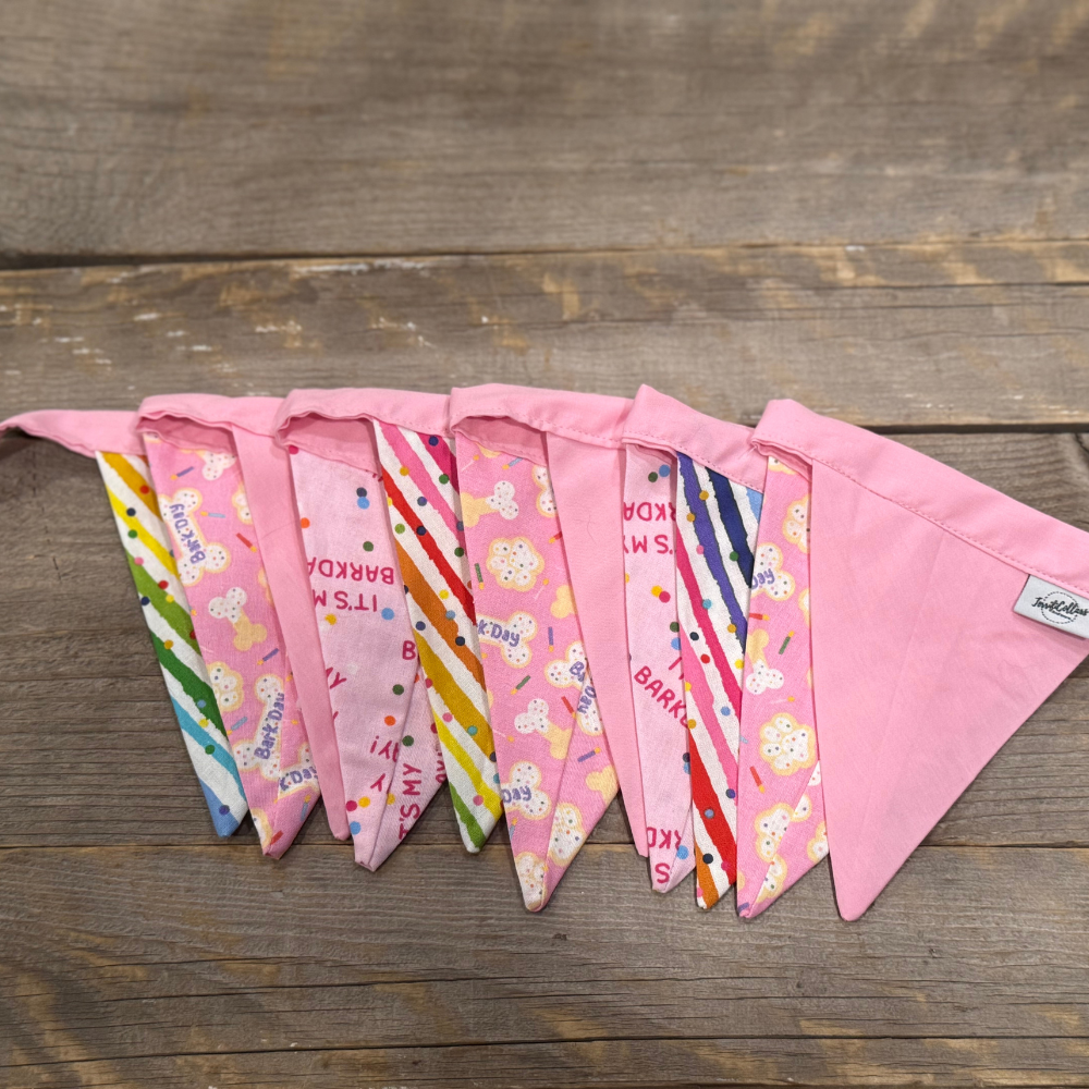 Pink Birthday Celebration Set - Collar, Leash, Bandanna, Hat, Decorative Pennant Banner