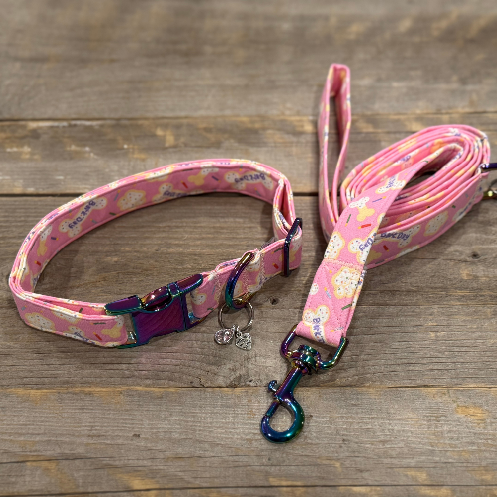 Pink Birthday Celebration Set - Collar, Leash, Bandanna, Hat, Decorative Pennant Banner