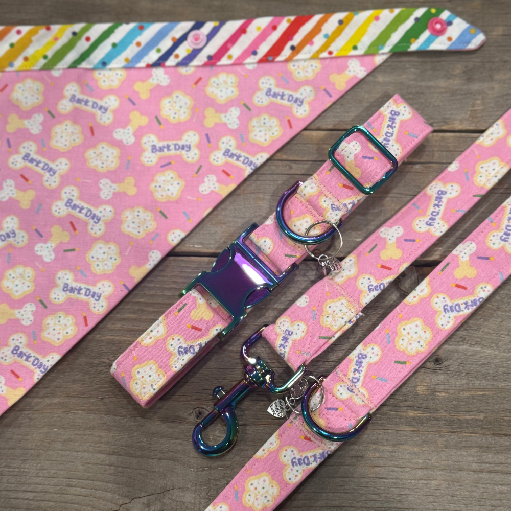 Pink Birthday Celebration Set - Collar, Leash, Bandanna, Hat, Decorative Pennant Banner