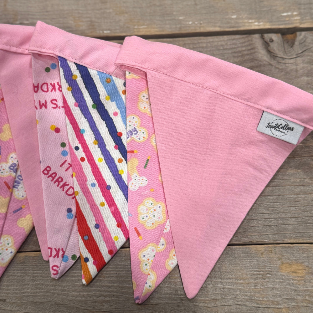 Pink Birthday Celebration Set - Collar, Leash, Bandanna, Hat, Decorative Pennant Banner