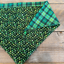 Load image into Gallery viewer, Double-Sided Dog Bandanna - Clover Confetti &amp; Emerald Isle Plaid
