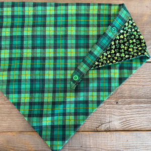 Double-Sided Dog Bandanna - Clover Confetti & Emerald Isle Plaid