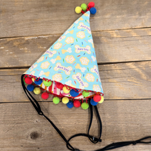 Load image into Gallery viewer, Blue Birthday Celebration Set - Collar, Leash, Bandanna, Hat, Decorative Pennant Banner
