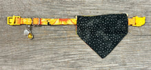 Load image into Gallery viewer, Double-Sided Cat Bandanna - Sunny Days With Coordinating Black and Grey Polka Dots
